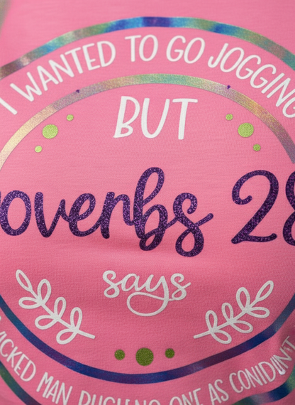 Proverbs 28:1 T-shirt detail close-up